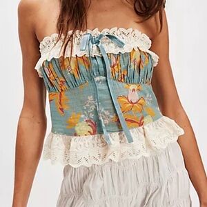 Free People Dolly Floral Lace Tube Bustier Crop Top Ocean Blue Size S NWT $128